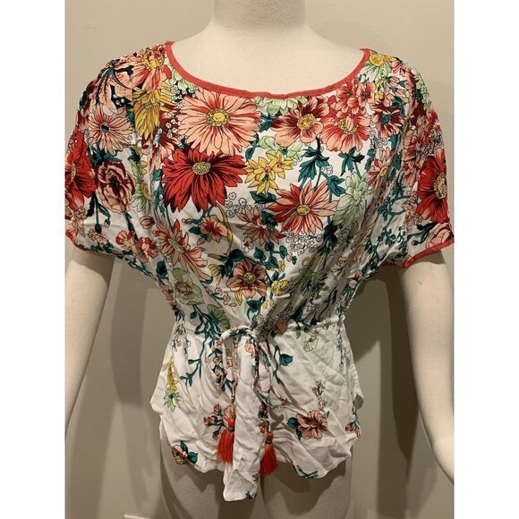 Anthropologie Floral Drawstring Tassel Waist Short Sleeve Top Blouse Floral XS - Picture 2 of 9